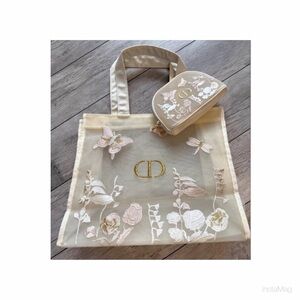 NEW Dior Floral Embroidered Tote Bag & Pouch Set Cream & Gold